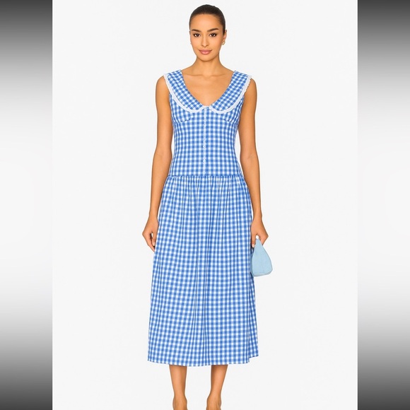 LPA Brigette Midi Dress in Dark Blue Gingham - Picture 2 of 8